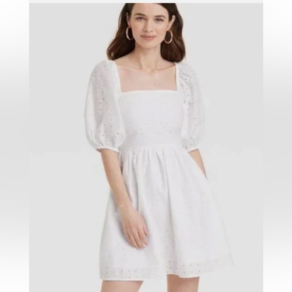 A New Day White Smocked Sundress with Puff Sleeves